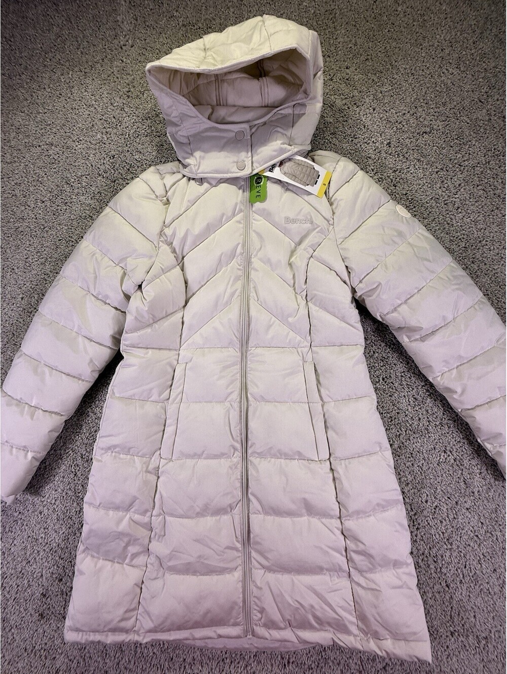 NWT Bench Women's Hooded Long Puffer Coat Jacket, Cream, Size S